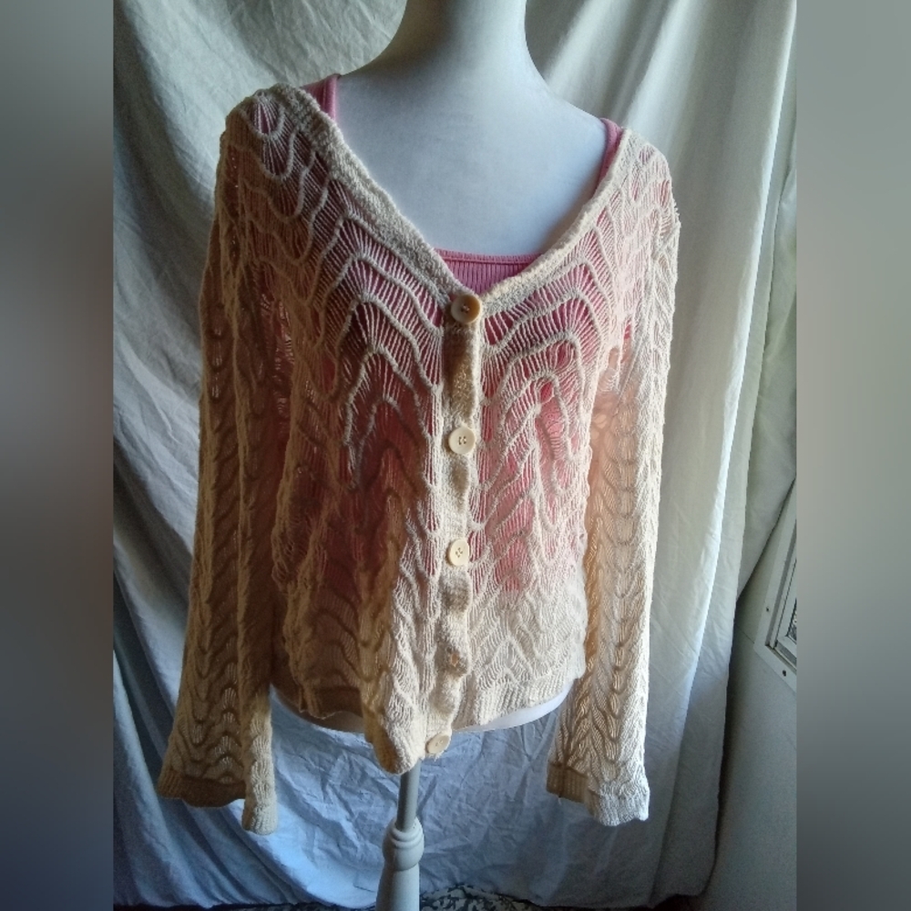 J GEE Open-Weave Cream Button‎ Cardigan XL